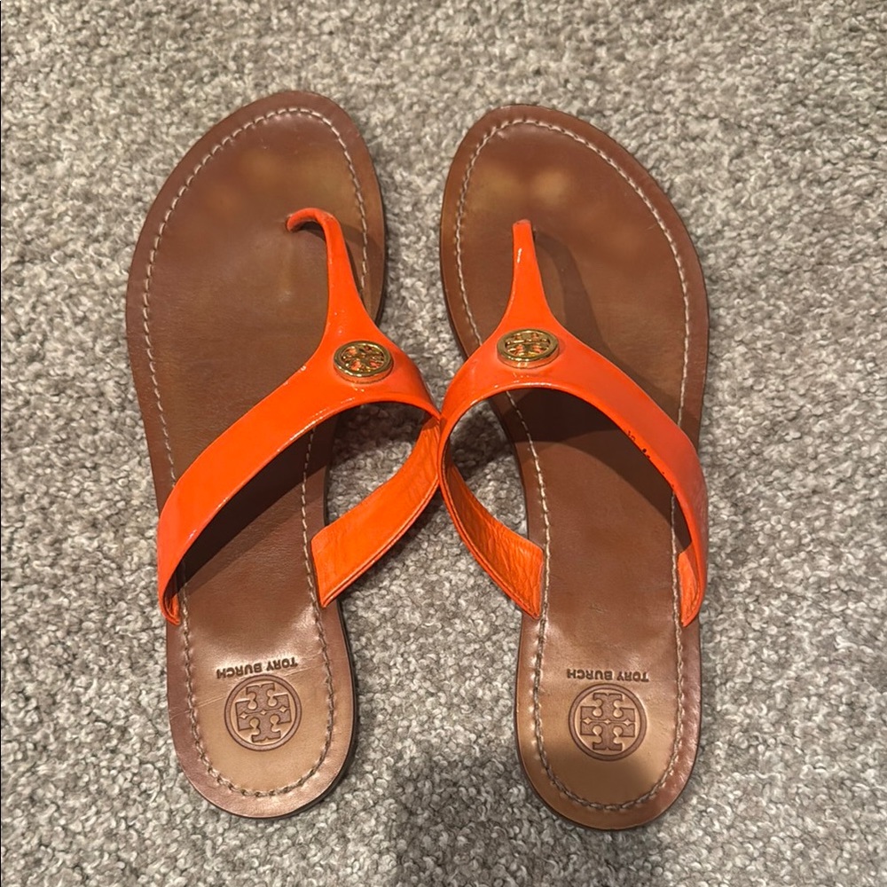 Tory Burch Orange and Brown Sandals with Leather Sole